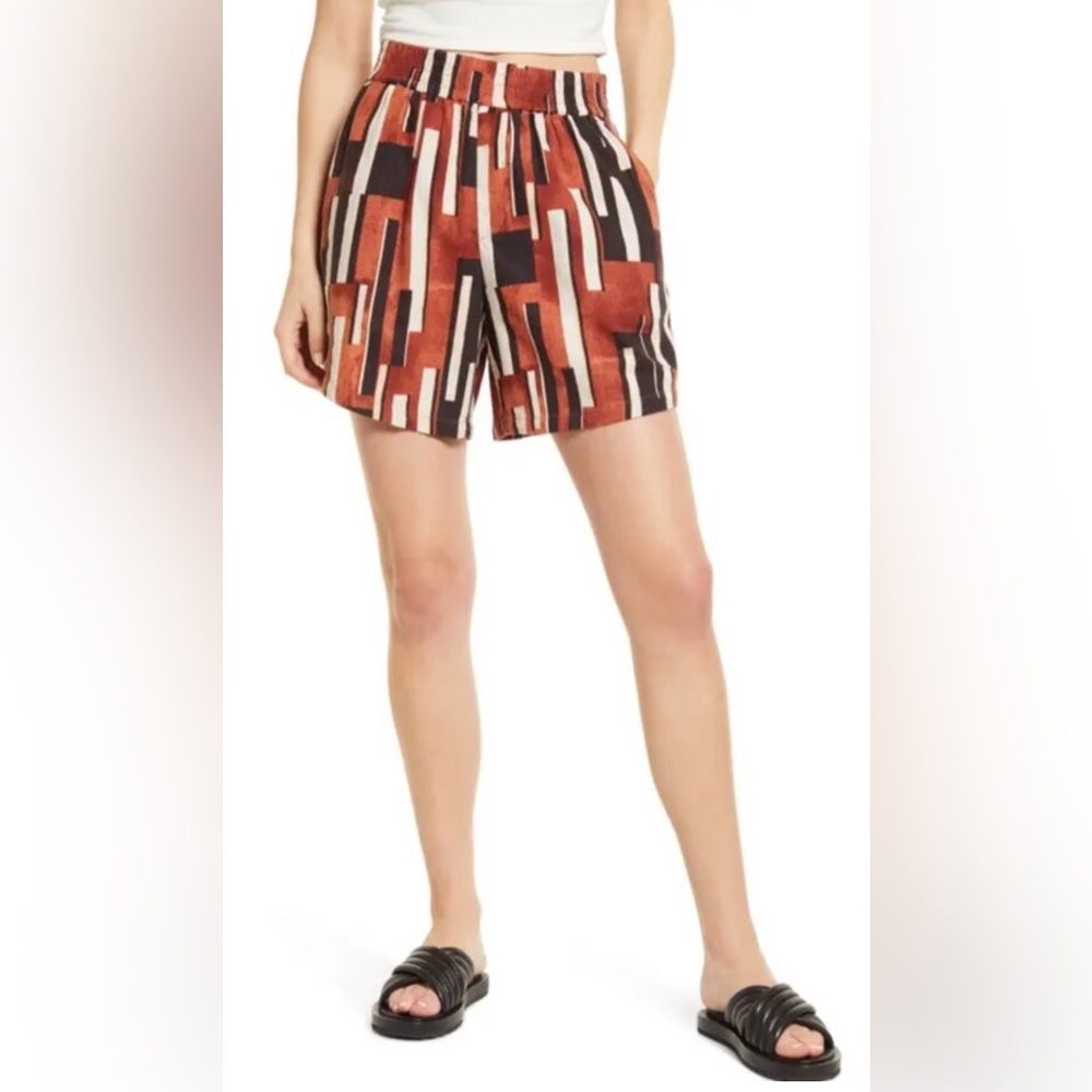 TREASURE & BOND Linen Viscose High-Rise Wide Leg Shorts Tribal Print Women M